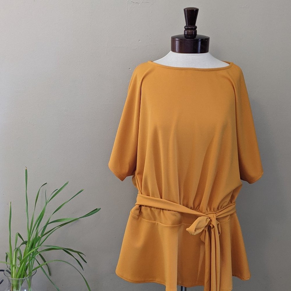 Boohoo Mustard Tie Waist Peplum Top